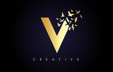 Harften Uçan ve Parçalanan Kuş Sürüsü ile Altın V Logo Mektubu. 
