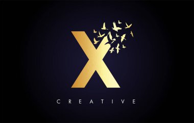Harften Uçan ve Parçalanan Kuş Sürüsü ile Altın X Logosu Mektubu. 