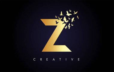Harften Uçan ve Parçalanan Kuş Sürüsü ile Altın Z Logo Mektubu. 