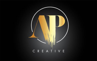 Altın AP Fırça Vuruşu Logo Tasarımı. Siyah Boya Logosu Harfleri Simgesi.