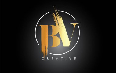 Altın BV Fırça Vuruşu Logo Tasarımı. Siyah Boya Logosu Harfleri Simgesi.