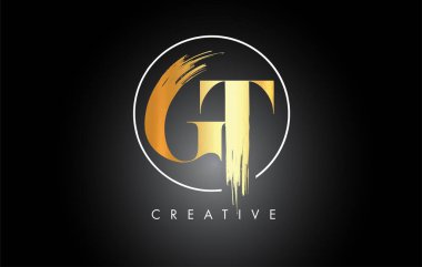 Altın GT Fırça Vuruşu Logo Tasarımı. Siyah Boya Logosu Harfleri Simgesi.