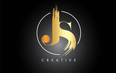 Altın JS Fırça Vuruşu Logo Tasarımı. Siyah Boya Logosu Harfleri Simgesi.