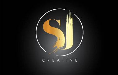 Altın SJ Fırça Vuruşu Logo Tasarımı. Siyah Boya Logosu Harfleri Simgesi.