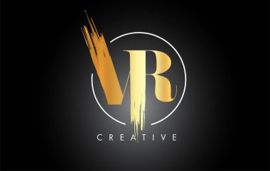 Altın VR Fırça Vuruşu Logo Tasarımı. Siyah Boya Logosu Harfleri Simgesi.