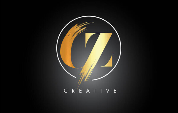 Golden CZ Brush Stroke Letter Logo Design. Black Paint Logo Leters Icon.