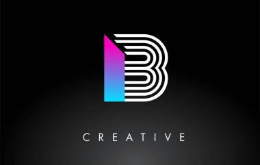 B Beyaz Mor Çizgili Harf Logosu. Yaratıcı Satır Harfleri Vektör Şablonu.