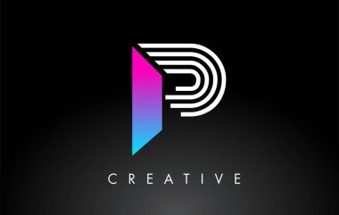 P Beyaz Mor Çizgiler Harfi Logosu. Yaratıcı Satır Harfleri Vektör Şablonu.