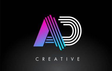 AD Beyaz Mor Çizgiler Harfi Logosu. Yaratıcı Satır Harfleri Vektör Şablonu.