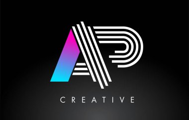 AP Beyaz Mor Çizgiler Harfi Logosu. Yaratıcı Satır Harfleri Vektör Şablonu.