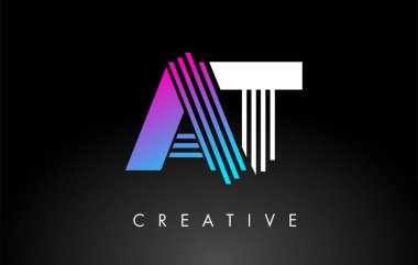AT Beyaz Mor Çizgiler Harfi Logosu. Yaratıcı Satır Harfleri Vektör Şablonu.
