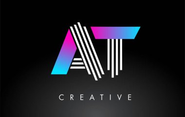 AT Beyaz Mor Çizgiler Harfi Logosu. Yaratıcı Satır Harfleri Vektör Şablonu.