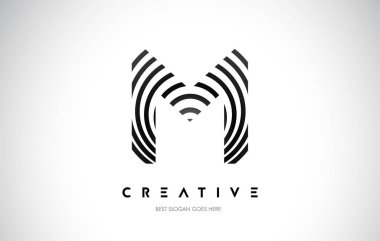 M Hatları Warp Logosu Tasarımı. Siyah Dairesel Çizgilerle Harf Simgesi.