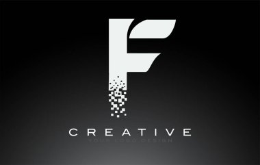 Siyah ve Beyaz renklerde Dijital Pikselleri olan F İlk Harf Logosu Tasarımı.