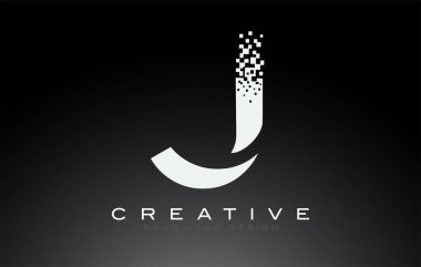 Siyah ve Beyaz Renkli Dijital Pikselli J Harfi Logo Tasarımı.