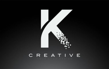 Siyah ve Beyaz Renkli Dijital Pikselli K İlk Harf Logosu Tasarımı.
