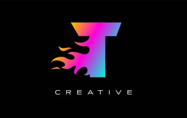 T harfi alev Logo tasarımı. Yangın Logo yazı kavramı.
