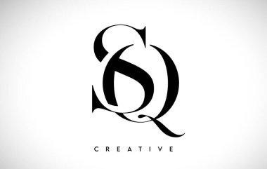 SQ Sanatsal Harf Logosu Tasarımı Siyah ve Beyaz Renk Vektör Resimleriyle Serif Yazıtipi