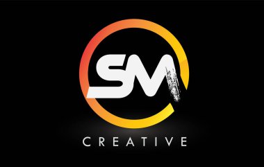 Dairesel Beyaz SM Fırça Harf Logosu Tasarımı. Yaratıcı Fırça Harfleri Simgesi logosu.