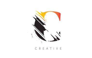 Klasik Grundge Çizim Tasarımlı Siyah ve Sarı C Harf Logosu. Yok Edilen Harf Simgesi Vektörü. 