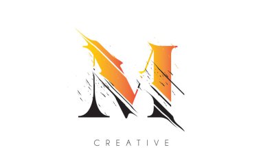 Klasik Grundge Çizim Tasarımlı Siyah ve Sarı M Harfi Logosu. Yok Edilen Harf Simgesi Vektörü. 