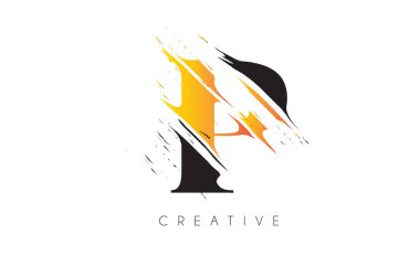 Siyah ve Sarı P Harfi Logosu ve Klasik Grundge Çizim Tasarımı. Yok Edilen Harf Simgesi Vektörü. 