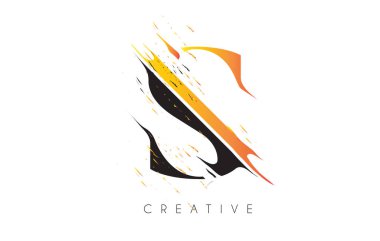 Siyah ve Sarı S Harfi Logosu ve Klasik Grundge Çizim Tasarımı. Yok Edilen Harf Simgesi Vektörü. 