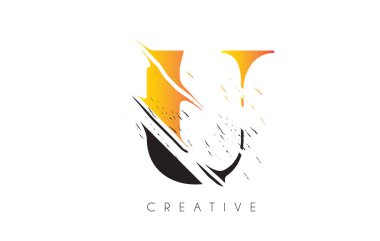 Klasik Grundge Çizim Tasarımlı Siyah ve Sarı U Harfi Logosu. Yok Edilen Harf Simgesi Vektörü. 