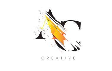 Siyah ve Sarı AC Harf Logosu ve Klasik Grundge Çizim Tasarımı. Yok Edilen Harf Simgesi Vektörü. 