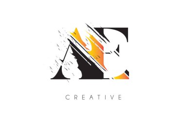 Vintage Grundge Çizim Tasarımlı Siyah ve Sarı AE Mektup Logosu. Yok Edilen Harf Simgesi Vektörü. 