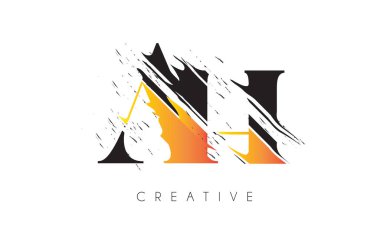 Klasik Grundge Çizim Tasarımlı Siyah ve Sarı AH Harf Logosu. Yok Edilen Harf Simgesi Vektörü. 