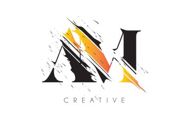 Klasik Grundge Çizim Tasarımlı Siyah ve Sarı AM Harf Logosu. Yok Edilen Harf Simgesi Vektörü. 