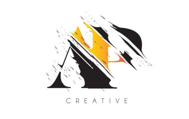 Klasik Grundge Çizim Tasarımlı Siyah ve Sarı AP Harf Logosu. Yok Edilen Harf Simgesi Vektörü. 