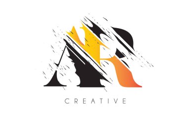 Klasik Grundge Çizim Tasarımlı Siyah ve Sarı AR Harf Logosu. Yok Edilen Harf Simgesi Vektörü. 