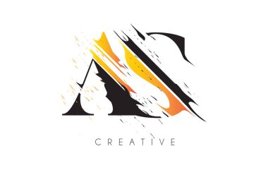 Siyah ve Sarı AS Harf Logosu ve Klasik Grundge Çizim Tasarımı. Yok Edilen Harf Simgesi Vektörü. 