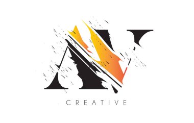 Vintage Grundge Çizim Tasarımlı Siyah ve Sarı AV Harf Logosu. Yok Edilen Harf Simgesi Vektörü. 