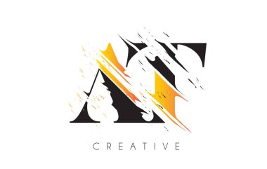 Siyah ve Sarı AT Harf Logosu ve Klasik Grundge Çizim Tasarımı. Yok Edilen Harf Simgesi Vektörü. 