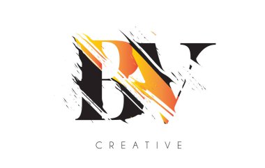 Klasik Grundge Çizim Tasarımlı Siyah ve Sarı BV Harf Logosu. Yok Edilen Harf Simgesi Vektörü. 