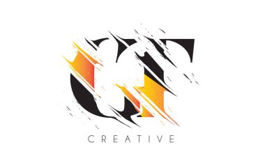 Siyah ve Sarı GT Harf Logosu ve Klasik Grundge Çizim Tasarımı. Yok Edilen Harf Simgesi Vektörü. 