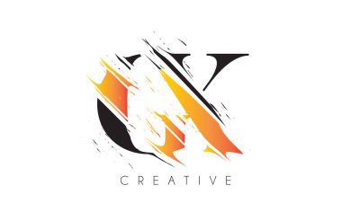 Siyah ve Sarı GX Harf Logosu ve Klasik Grundge Çizim Tasarımı. Yok Edilen Harf Simgesi Vektörü. 