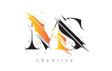 Siyah ve Sarı MS Harf Logosu ve Klasik Grundge Çizim Tasarımı. Yok Edilen Harf Simgesi Vektörü. 