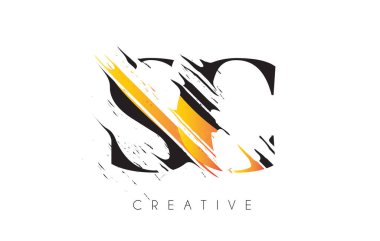 Siyah ve Sarı SC Harf Logosu ve Klasik Grundge Çizim Tasarımı. Yok Edilen Harf Simgesi Vektörü. 