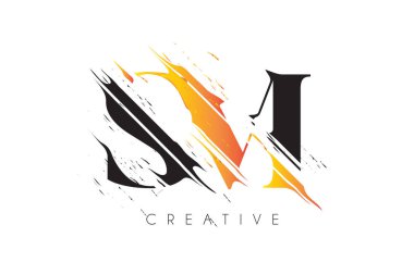 Siyah ve Sarı SM Harf Logosu ve Klasik Grundge Çizim Tasarımı. Yok Edilen Harf Simgesi Vektörü. 