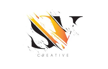 Klasik Grundge Çizim Tasarımlı Siyah ve Sarı SV Harf Logosu. Yok Edilen Harf Simgesi Vektörü. 