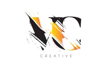 Vintage Grundge Çizim Tasarımlı Siyah ve Sarı VC Harf Logosu. Yok Edilen Harf Simgesi Vektörü. 