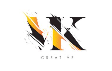 Vintage Grundge Çizim Tasarımlı Siyah ve Sarı VK Harf Logosu. Yok Edilen Harf Simgesi Vektörü. 