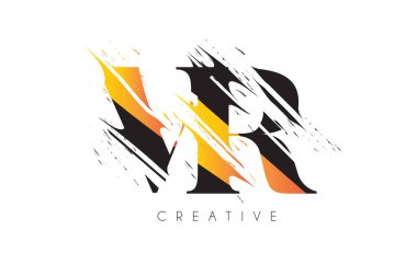 Vintage Grundge Çizim Tasarımlı Siyah ve Sarı VR Harf Logosu. Yok Edilen Harf Simgesi Vektörü. 