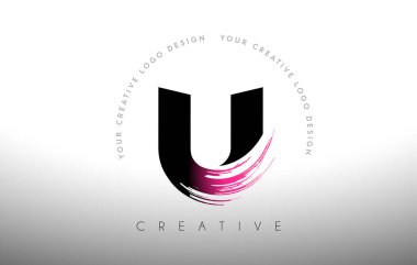 U Boyalı Fırça Harf Logosu Tasarımı Siyah ve Mor Renkli Fırça Vuruşu
