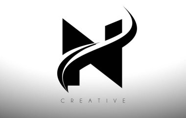 N Swoosh Harf Kesme Logosu Tasarımı Siyah Swoosh ve Yaratıcı Simge Logo Vektörü İllüstrasyonu