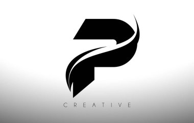 P Swoosh Harf Kesme Logosu Tasarımı Siyah Swoosh ve Yaratıcı Simge Logo Vektörü İllüstrasyonu